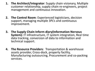 1. The Architect/Integrator: Supply chain visionary, Multiple
customer relationship, supply chain re-engineers, project
management and continuous innovation.
2. The Control Room: Experienced logisticians, decision
support, managing multiple 3PL’s and continuous
improvement.
3. The Supply Chain Inform diary(Information Nervous
System): IT infrastructure, IT system integration, Real time
data tracking, conversion of data to information and
technical support.
4. The Resource Providers: Transportation & warehouse
assets provider, Cross-dock, property facility,
Manufacturing outsourcing, Procurement and co-packing
services.
 