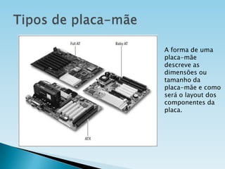 A forma de uma
placa-mãe
descreve as
dimensões ou
tamanho da
placa-mãe e como
será o layout dos
componentes da
placa.

 