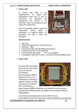 I.E.S.T.P “MARÍA ROSARIO ARAOZ PINTO” COMPUTACIÓN E INFORMÁTICA
MANTENIMIENTO DE EQUIPOS DE CÓMPUTO 10
Socket 1366
El Socket LGA 1366 es una
implementación de zócalo para
procesadores Intel Core i7, que se
caracteriza por presentar una
arquitectura muy distinta a las
anteriores líneas de procesadores para
socket 775 y anteriores.
Entre las novedades están, el puerto de
comunicación directa entre el
procesador y la memoria RAM y la
eliminación del FSB a favor del
Quickpath.
Especificaciones
Tipo LGA
Factor de forma del chip Flip-chip land grid
arrayContactos 1366
Protocolo del FSB Intel QuickPath Interconnect
Frecuencia del FSB 1× to 2× QuickPath
Dimensiones del procesador 1,77 × 1,67 pulgadas1
Procesadores: Intel Core i7 (2,66 - 3,33 GHz), Intel Xeon (5500 series)
Socket AM2
El Socket AM2, denominado
anteriormente como Socket
M2, es un zócalo de
CPU diseñado
para procesadores AMD en
equipos de escritorio. Su
lanzamiento se realizó en el
segundo trimestre de 2006,
como sustituto del Socket
939. Tiene 940 pins y
soporta memoria DDR2; sin embargo no es compatible con los primeros
procesadores de 940 pins (como, por ejemplo, los procesadores Opteron
Sledgehammer).
Los primeros procesadores para el zócalo AM2 fueron los
nuevos Opteron serie 100. El zócalo está también diseñado para los siguientes
 