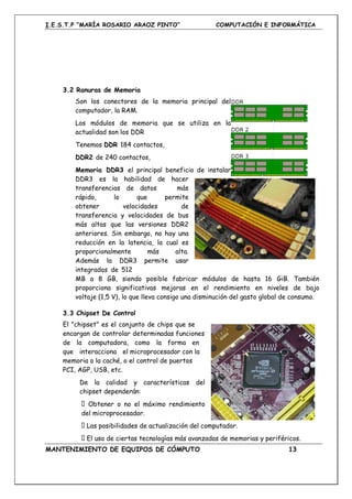 I.E.S.T.P “MARÍA ROSARIO ARAOZ PINTO” COMPUTACIÓN E INFORMÁTICA
MANTENIMIENTO DE EQUIPOS DE CÓMPUTO 13
3.2 Ranuras de Memoria
Son los conectores de la memoria principal del
computador, la RAM.
Los módulos de memoria que se utiliza en la
actualidad son los DDR
Tenemos DDR 184 contactos,
DDR2 de 240 contactos,
Memoria DDR3 el principal beneficio de instalar
DDR3 es la habilidad de hacer
transferencias de datos más
rápido, lo que permite
obtener velocidades de
transferencia y velocidades de bus
más altas que las versiones DDR2
anteriores. Sin embargo, no hay una
reducción en la latencia, la cual es
proporcionalmente más alta.
Además la DDR3 permite usar
integrados de 512
MB a 8 GB, siendo posible fabricar módulos de hasta 16 GiB. También
proporciona significativas mejoras en el rendimiento en niveles de bajo
voltaje (1,5 V), lo que lleva consigo una disminución del gasto global de consumo.
3.3 Chipset De Control
El "chipset" es el conjunto de chips que se
encargan de controlar determinadas funciones
de la computadora, como la forma en
que interacciona el microprocesador con la
memoria o la caché, o el control de puertos
PCI, AGP, USB, etc.
De la calidad y características del
chipset dependerán:
Obtener o no el máximo rendimiento
del microprocesador.
Las posibilidades de actualización del computador.
El uso de ciertas tecnologías más avanzadas de memorias y periféricos.
 