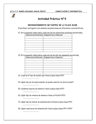 I.E.S.T.P “MARÍA ROSARIO ARAOZ PINTO” COMPUTACIÓN E INFORMÁTICA
Actividad Práctica N°4
RECONOCIMIENTO DE PARTES DE LA PLACA BASE
El profesor entregará a los alumnos una placa base de diferentes características.
1 En la siguiente tabla indica cada uno de los conectores externos encontrados,
Conectores Externos Dispositivos a Conectar
2 En la siguiente tabla indica cada uno de los slot de expansión encontrada,
Conectores Internos Dispositivos a Conectar
3 ¿Cuál es el tipo de socket que tiene la placa base Nº1?
4 ¿Qué tipo de microprocesador se puede insertar en dicho socket?
5 ¿Cuántas ranuras de memoria tiene la placa base Nº2?
6 ¿Qué tipo de ranuras de memoria tiene LA PLACA Nº2?
7 ¿Qué tipo de fuente de alimentación utilizará la placa base Nº1?
8 ¿Qué conectores de alimentación tiene la placa base Nº1 Y Nº2?
 