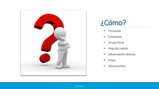 ¿Cómo?
ERICKA MATUS
 Encuesta
 Entrevista
 Grupo focal
 Hoja de cotejo
 Observación directa
 Fotos
 Documentos
 