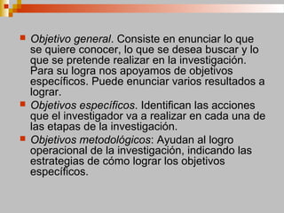  Objetivo general. Consiste en enunciar lo que
se quiere conocer, lo que se desea buscar y lo
que se pretende realizar en la investigación.
Para su logra nos apoyamos de objetivos
específicos. Puede enunciar varios resultados a
lograr.
 Objetivos específicos. Identifican las acciones
que el investigador va a realizar en cada una de
las etapas de la investigación.
 Objetivos metodológicos: Ayudan al logro
operacional de la investigación, indicando las
estrategias de cómo lograr los objetivos
específicos.
 