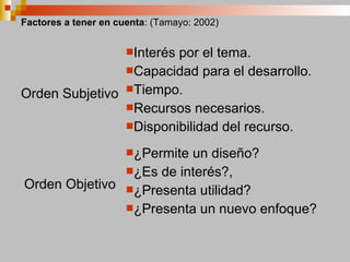 Factores a tener en cuenta: (Tamayo: 2002)
Orden Subjetivo
Interés por el tema.
Capacidad para el desarrollo.
Tiempo.
Recursos necesarios.
Disponibilidad del recurso.
Orden Objetivo
¿Permite un diseño?
¿Es de interés?,
¿Presenta utilidad?
¿Presenta un nuevo enfoque?
 