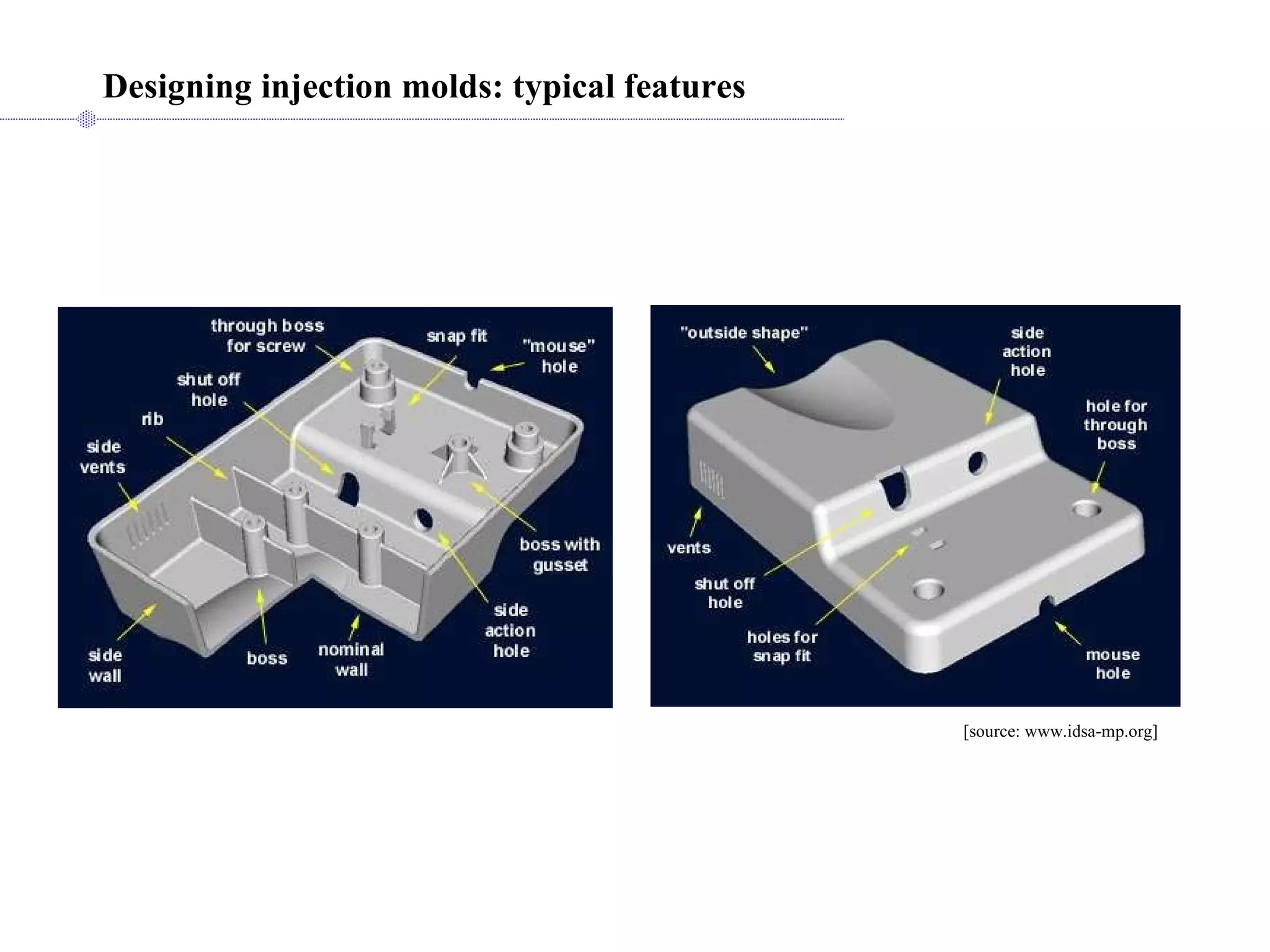 Designing injection molds: typical features [source: www.idsa-mp.org]  