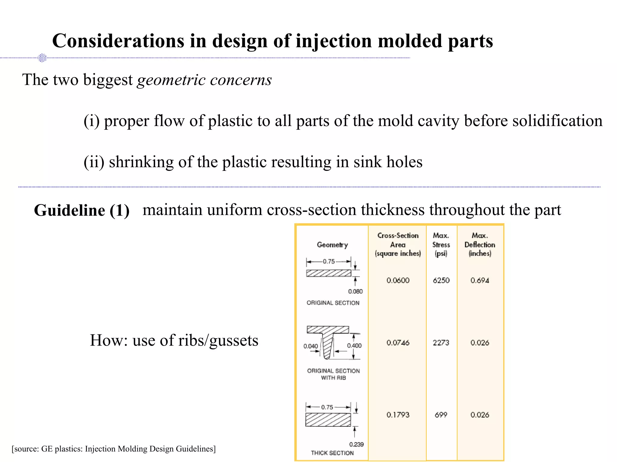 Considerations in design of injection molded parts   The two biggest  geometric concerns (i) proper flow of plastic to all parts of the mold cavity before solidification (ii) shrinking of the plastic resulting in sink holes  Guideline (1)   maintain uniform cross-section thickness throughout the part  How: use of ribs/gussets [source: GE plastics: Injection Molding Design Guidelines]  