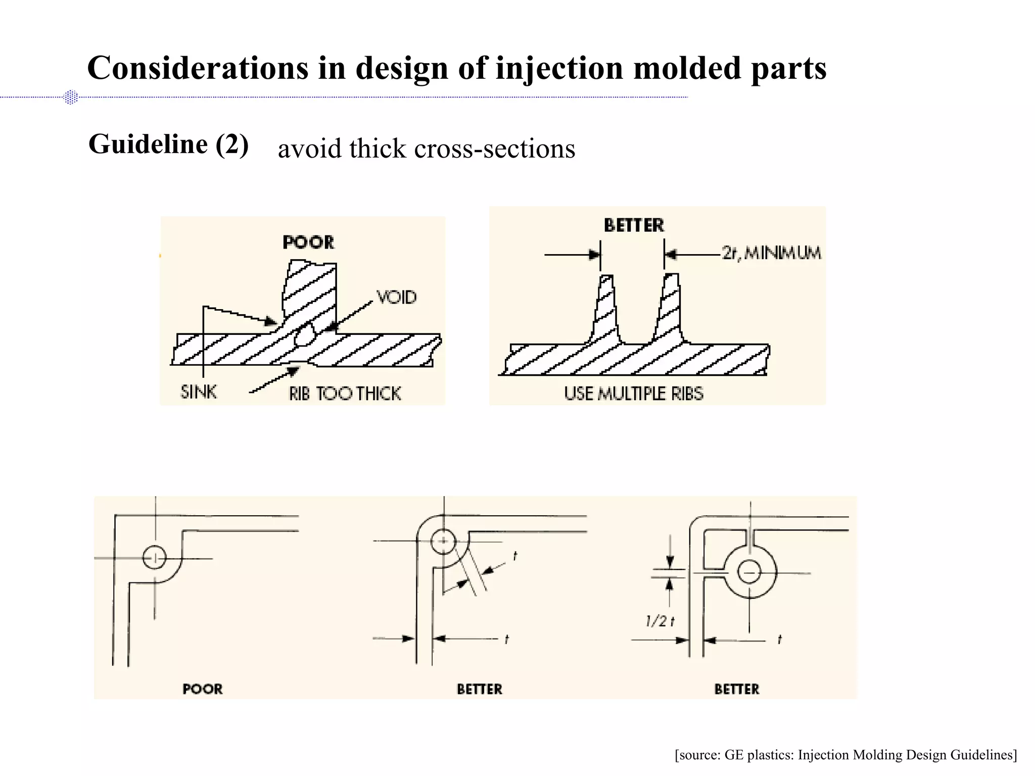 Considerations in design of injection molded parts   Guideline (2)   avoid thick cross-sections [source: GE plastics: Injection Molding Design Guidelines]  