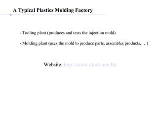 A Typical Plastics Molding Factory   Website:  http://www.ylmf.com.hk - Tooling plant (produces and tests the injection mold) - Molding plant (uses the mold to produce parts, assembles products, …) 