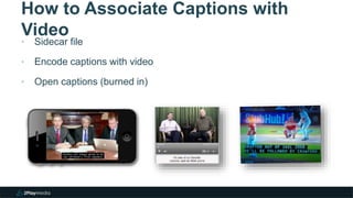 How to Associate Captions with
Video
‣ Sidecar file
‣ Encode captions with video
‣ Open captions (burned in)
 