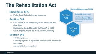 The Rehabilitation Act
‣ Enacted in 1973
– Federal and federally funded programs
‣ Section 504
– First statute to declare civil rights for individuals with
disabilities
– Extended to the public sector by the ADA in 1990
– Gov’t, airports, higher ed, K-12, libraries, housing
‣ Section 508
– 1998 Amendment
– Federal programs in regards to electronic and information
technology
– Accessibility to web content
 