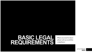 3PLAYMEDIA
AKEA
BASIC LEGAL
REQUIREMENTS
What you need to know
about web accessibility
compliance
9
 