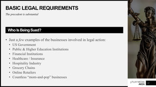 3PLAYMEDIA
AKEA
BASIC LEGAL REQUIREMENTS
The precedent is substantial
WhoIs BeingSued?
• Just a few examples of the businesses involved in legal action:
• US Government
• Public & Higher Education Institutions
• Financial Institutions
• Healthcare / Insurance
• Hospitality Industry
• Grocery Chains
• Online Retailers
• Countless “mom-and-pop” businesses
12
 