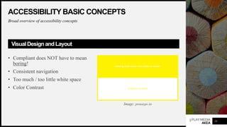 3PLAYMEDIA
AKEA
ACCESSIBILITY BASIC CONCEPTS
Broad overview of accessibility concepts
VisualDesign and Layout
• Compliant does NOT have to mean
boring!
• Consistent navigation
• Too much / too little white space
• Color Contrast
19
Image: prototypr.io
 