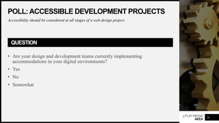 3PLAYMEDIA
AKEA
POLL:ACCESSIBLE DEVELOPMENT PROJECTS
Accessibility should be considered at all stages of a web design project
QUESTION
• Are your design and development teams currently implementing
accommodations in your digital environments?
• Yes
• No
• Somewhat
26
 