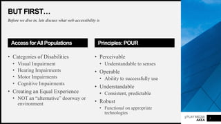 3PLAYMEDIA
AKEA
BUT FIRST…
Before we dive in, lets discuss what web accessibility is
Access forAllPopulations
• Categories of Disabilities
• Visual Impairment
• Hearing Impairments
• Motor Impairments
• Cognitive Impairments
• Creating an Equal Experience
• NOT an “alternative” doorway or
environment
5
Principles: POUR
• Perceivable
• Understandable to senses
• Operable
• Ability to successfully use
• Understandable
• Consistent, predictable
• Robust
• Functional on appropriate
technologies
 