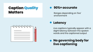 Caption Quality
Matters
90%+ accurate
Ranges depending on ‘live’
environment
Latency
Live captions typically appear with a
slight latency between the spoken
words and the captioned output
No governing body for
live captioning
 