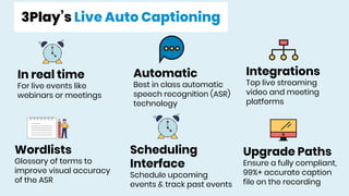3Play’s Live Auto Captioning
In real time
For live events like
webinars or meetings
Automatic
Best in class automatic
speech recognition (ASR)
technology
Integrations
Top live streaming
video and meeting
platforms
Wordlists
Glossary of terms to
improve visual accuracy
of the ASR
Upgrade Paths
Ensure a fully compliant,
99%+ accurate caption
file on the recording
Scheduling
Interface
Schedule upcoming
events & track past events
 