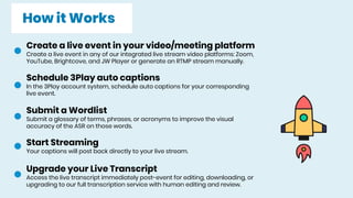 How it Works
Create a live event in your video/meeting platform
Create a live event in any of our integrated live stream video platforms: Zoom,
YouTube, Brightcove, and JW Player or generate an RTMP stream manually.
Schedule 3Play auto captions
In the 3Play account system, schedule auto captions for your corresponding
live event.
Submit a Wordlist
Submit a glossary of terms, phrases, or acronyms to improve the visual
accuracy of the ASR on those words.
Start Streaming
Your captions will post back directly to your live stream.
Upgrade your Live Transcript
Access the live transcript immediately post-event for editing, downloading, or
upgrading to our full transcription service with human editing and review.
 