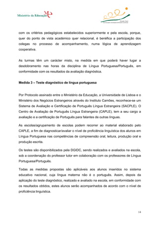 com os critérios pedagógicos estabelecidos superiormente e pela escola, porque,
quer do ponto de vista académico quer relacional, é benéfica a participação dos
colegas no processo de acompanhamento, numa lógica de aprendizagem
cooperativa.

As turmas têm um carácter misto, na medida em que poderá haver lugar a
desdobramento nas horas da disciplina de Língua Portuguesa/Português, em
conformidade com os resultados da avaliação diagnóstica.

Medida 3 – Teste diagnóstico de língua portuguesa

Por Protocolo assinado entre o Ministério da Educação, a Universidade de Lisboa e o
Ministério dos Negócios Estrangeiros através do Instituto Camões, reconhece-se um
Sistema de Avaliação e Certificação de Português Língua Estrangeira (SACPLE). O
Centro de Avaliação de Português Língua Estrangeira (CAPLE), tem a seu cargo a
avaliação e a certificação de Português para falantes de outras línguas.
As escolas/agrupamento de escolas podem recorrer ao material elaborado pelo
CAPLE, a fim de diagnosticar/avaliar o nível de proficiência linguística dos alunos em
Língua Portuguesa nas competências de compreensão oral, leitura, produção oral e
produção escrita.
Os testes são disponibilizados pela DGIDC, sendo realizados e avaliados na escola,
sob a coordenação do professor tutor em colaboração com os professores de Língua
Portuguesa/Português.
Todas as medidas propostas são aplicáveis aos alunos inseridos no sistema
educativo nacional, cuja língua materna não é o português. Assim, depois da
aplicação do teste diagnóstico, realizado e avaliado na escola, em conformidade com
os resultados obtidos, estes alunos serão acompanhados de acordo com o nível de
proficiência linguística.

14

 