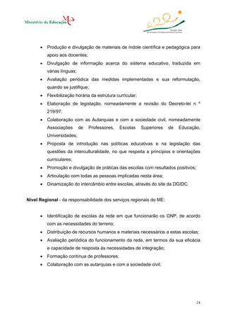 •

Produção e divulgação de materiais de índole científica e pedagógica para
apoio aos docentes;

•

Divulgação de informação acerca do sistema educativo, traduzida em
várias línguas;

•

Avaliação periódica das medidas implementadas e sua reformulação,
quando se justifique;

•

Flexibilização horária da estrutura curricular;

•

Elaboração de legislação, nomeadamente a revisão do Decreto-lei n º
219/97;

•

Colaboração com as Autarquias e com a sociedade civil, nomeadamente
Associações

de

Professores,

Escolas

Superiores

de

Educação,

Universidades;
•

Proposta de introdução nas políticas educativas e na legislação das
questões da interculturalidade, no que respeita a princípios e orientações
curriculares;

•

Promoção e divulgação de práticas das escolas com resultados positivos;

•

Articulação com todas as pessoas implicadas nesta área;

•

Dinamização do intercâmbio entre escolas, através do site da DGIDC.

Nível Regional - da responsabilidade dos serviços regionais do ME:
•

Identificação de escolas da rede em que funcionarão os GNP, de acordo
com as necessidades do terreno;

•

Distribuição de recursos humanos e materiais necessários a estas escolas;

•

Avaliação periódica do funcionamento da rede, em termos da sua eficácia
e capacidade de resposta às necessidades de integração;

•

Formação contínua de professores;

•

Colaboração com as autarquias e com a sociedade civil;

24

 