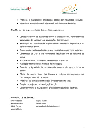 •

Promoção e divulgação de práticas das escolas com resultados positivos;

•

Incentivo e acompanhamento de projectos de investigação-acção.

Nível Local - da responsabilidade das escolas/agrupamentos:
•

Colaboração com as autarquias e com a sociedade civil, nomeadamente
associações de professores e associações de imigrantes;

•

Realização da avaliação de diagnóstico de proficiência linguística e do
perfil escolar do aluno;

•

Comunicação destas avaliações e seus resultados aos serviços regionais;

•

Constituição de GNP e sua permanente articulação com os conselhos de
turma;

•

Acompanhamento permanente da integração dos alunos;

•

Avaliação da eficácia das medidas de integração;

•

Garantia da igualdade de condições de ensino e de apoio a todos os
alunos;

•

Oferta de cursos livres das línguas e culturas representadas nas
Escolas/Agrupamentos de escola;

•

Promoção da formação contínua de professores nesta área;

•

Criação de projectos de investigação-acção;

•

Desenvolvimento e divulgação de práticas com resultados positivos.

O GRUPO DE TRABALHO
António Soares

Regina Duarte

Filomena Guerra

Teresa André

Glória Fischer

Manuela Perdigão (coordenadora)

Jesuína Ribeiro

25

 