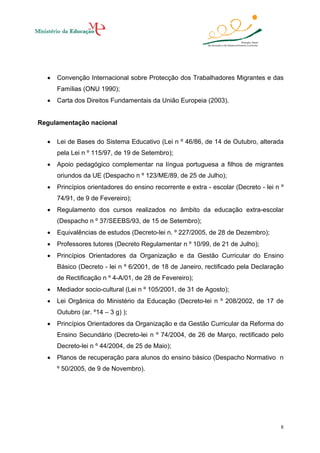 •

Convenção Internacional sobre Protecção dos Trabalhadores Migrantes e das
Famílias (ONU 1990);

•

Carta dos Direitos Fundamentais da União Europeia (2003).

Regulamentação nacional
•

Lei de Bases do Sistema Educativo (Lei n º 46/86, de 14 de Outubro, alterada
pela Lei n º 115/97, de 19 de Setembro);

•

Apoio pedagógico complementar na língua portuguesa a filhos de migrantes
oriundos da UE (Despacho n º 123/ME/89, de 25 de Julho);

•

Princípios orientadores do ensino recorrente e extra - escolar (Decreto - lei n º
74/91, de 9 de Fevereiro);

•

Regulamento dos cursos realizados no âmbito da educação extra-escolar
(Despacho n º 37/SEEBS/93, de 15 de Setembro);

•

Equivalências de estudos (Decreto-lei n. º 227/2005, de 28 de Dezembro);

•

Professores tutores (Decreto Regulamentar n º 10/99, de 21 de Julho);

•

Princípios Orientadores da Organização e da Gestão Curricular do Ensino
Básico (Decreto - lei n º 6/2001, de 18 de Janeiro, rectificado pela Declaração
de Rectificação n º 4-A/01, de 28 de Fevereiro);

•

Mediador socio-cultural (Lei n º 105/2001, de 31 de Agosto);

•

Lei Orgânica do Ministério da Educação (Decreto-lei n º 208/2002, de 17 de
Outubro (ar. º14 – 3 g) );

•

Princípios Orientadores da Organização e da Gestão Curricular da Reforma do
Ensino Secundário (Decreto-lei n º 74/2004, de 26 de Março, rectificado pelo
Decreto-lei n º 44/2004, de 25 de Maio);

•

Planos de recuperação para alunos do ensino básico (Despacho Normativo n
º 50/2005, de 9 de Novembro).

8

 