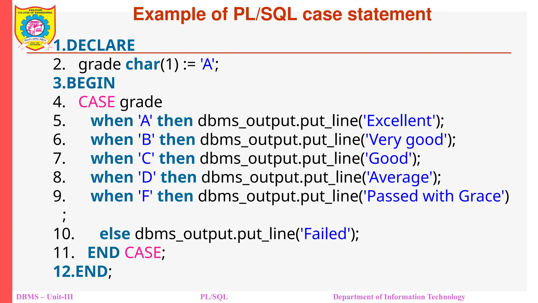 Example of PL/SQL case statement
DBMS – Unit-III PL/SQL Department of Information Technology
1.DECLARE
2. grade char(1) := 'A';
3.BEGIN
4. CASE grade
5. when 'A' then dbms_output.put_line('Excellent');
6. when 'B' then dbms_output.put_line('Very good');
7. when 'C' then dbms_output.put_line('Good');
8. when 'D' then dbms_output.put_line('Average');
9. when 'F' then dbms_output.put_line('Passed with Grace')
;
10. else dbms_output.put_line('Failed');
11. END CASE;
12.END;
 