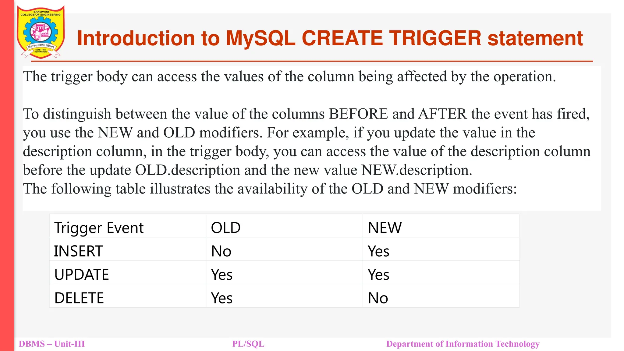 Introduction to MySQL CREATE TRIGGER statement
DBMS – Unit-III PL/SQL Department of Information Technology
The trigger body can access the values of the column being affected by the operation.
To distinguish between the value of the columns BEFORE and AFTER the event has fired,
you use the NEW and OLD modifiers. For example, if you update the value in the
description column, in the trigger body, you can access the value of the description column
before the update OLD.description and the new value NEW.description.
The following table illustrates the availability of the OLD and NEW modifiers:
Trigger Event OLD NEW
INSERT No Yes
UPDATE Yes Yes
DELETE Yes No
 