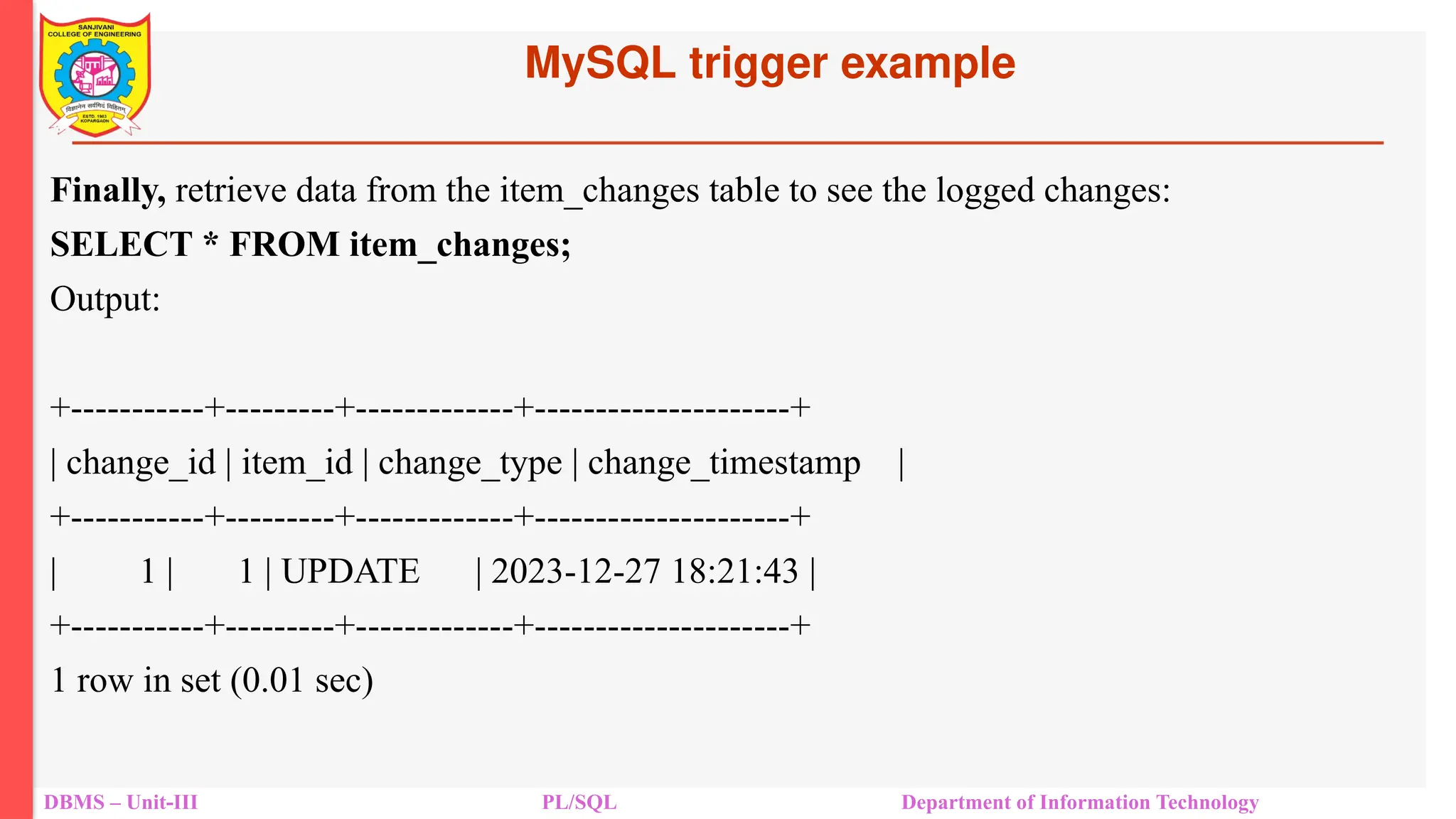 MySQL trigger example
DBMS – Unit-III PL/SQL Department of Information Technology
Finally, retrieve data from the item_changes table to see the logged changes:
SELECT * FROM item_changes;
Output:
+-----------+---------+-------------+---------------------+
| change_id | item_id | change_type | change_timestamp |
+-----------+---------+-------------+---------------------+
| 1 | 1 | UPDATE | 2023-12-27 18:21:43 |
+-----------+---------+-------------+---------------------+
1 row in set (0.01 sec)
 