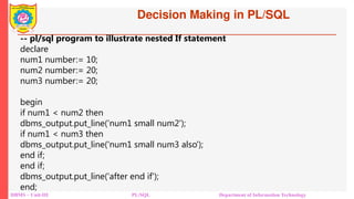 DBMS – Unit-III PL/SQL Department of Information Technology
-- pl/sql program to illustrate nested If statement
declare
num1 number:= 10;
num2 number:= 20;
num3 number:= 20;
begin
if num1 < num2 then
dbms_output.put_line('num1 small num2');
if num1 < num3 then
dbms_output.put_line('num1 small num3 also');
end if;
end if;
dbms_output.put_line('after end if');
end;
Decision Making in PL/SQL
 
