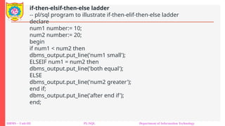 DBMS – Unit-III PL/SQL Department of Information Technology
if-then-elsif-then-else ladder
-- pl/sql program to illustrate if-then-elif-then-else ladder
declare
num1 number:= 10;
num2 number:= 20;
begin
if num1 < num2 then
dbms_output.put_line('num1 small');
ELSEIF num1 = num2 then
dbms_output.put_line('both equal');
ELSE
dbms_output.put_line('num2 greater');
end if;
dbms_output.put_line('after end if');
end;
 