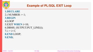 Example of PL/SQL EXIT Loop
DBMS – Unit-III PL/SQL Department of Information Technology
1.DECLARE
2.i NUMBER := 1;
3.BEGIN
4.LOOP
5.EXIT WHEN i>10;
6.DBMS_OUTPUT.PUT_LINE(i);
7.i := i+1;
8.END LOOP;
9.END;
 