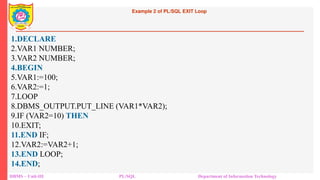 Example 2 of PL/SQL EXIT Loop
DBMS – Unit-III PL/SQL Department of Information Technology
1.DECLARE
2.VAR1 NUMBER;
3.VAR2 NUMBER;
4.BEGIN
5.VAR1:=100;
6.VAR2:=1;
7.LOOP
8.DBMS_OUTPUT.PUT_LINE (VAR1*VAR2);
9.IF (VAR2=10) THEN
10.EXIT;
11.END IF;
12.VAR2:=VAR2+1;
13.END LOOP;
14.END;
 