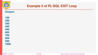 Example 2 of PL/SQL EXIT Loop
DBMS – Unit-III PL/SQL Department of Information Technology
Output:
100
200
300
400
500
600
700
800
900
1000
 