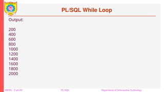 PL/SQL While Loop
DBMS – Unit-III PL/SQL Department of Information Technology
Output:
200
400
600
800
1000
1200
1400
1600
1800
2000
 