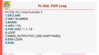 PL/SQL FOR Loop
DBMS – Unit-III PL/SQL Department of Information Technology
PL/SQL For Loop Example 2
1.DECLARE
2.VAR1 NUMBER;
3.BEGIN
4.VAR1:=10;
5.FOR VAR2 IN 1..10
6.LOOP
7.DBMS_OUTPUT.PUT_LINE (VAR1*VAR2);
8.END LOOP;
9.END;
 