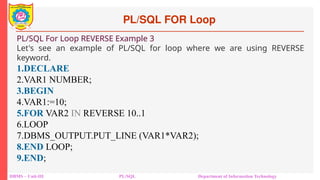 PL/SQL FOR Loop
DBMS – Unit-III PL/SQL Department of Information Technology
PL/SQL For Loop REVERSE Example 3
Let's see an example of PL/SQL for loop where we are using REVERSE
keyword.
1.DECLARE
2.VAR1 NUMBER;
3.BEGIN
4.VAR1:=10;
5.FOR VAR2 IN REVERSE 10..1
6.LOOP
7.DBMS_OUTPUT.PUT_LINE (VAR1*VAR2);
8.END LOOP;
9.END;
 