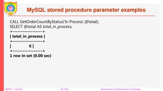 MySQL stored procedure parameter examples
DBMS – Unit-III PL/SQL Department of Information Technology
CALL GetOrderCountByStatus('In Process',@total);
SELECT @total AS total_in_process;
+------------------+
| total_in_process |
+------------------+
| 6 |
+------------------+
1 row in set (0.00 sec)
 