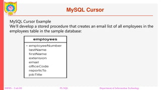 MySQL Cursor
DBMS – Unit-III PL/SQL Department of Information Technology
MySQL Cursor Example
We’ll develop a stored procedure that creates an email list of all employees in the
employees table in the sample database:
 