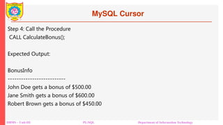 MySQL Cursor
DBMS – Unit-III PL/SQL Department of Information Technology
Step 4: Call the Procedure
CALL CalculateBonus();
Expected Output:
BonusInfo
--------------------------
John Doe gets a bonus of $500.00
Jane Smith gets a bonus of $600.00
Robert Brown gets a bonus of $450.00
 