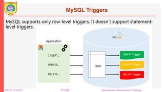 MySQL Triggers
DBMS – Unit-III PL/SQL Department of Information Technology
MySQL supports only row-level triggers. It doesn’t support statement-
level triggers.
 
