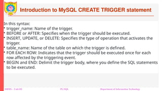 Introduction to MySQL CREATE TRIGGER statement
DBMS – Unit-III PL/SQL Department of Information Technology
In this syntax:
• trigger_name: Name of the trigger.
• BEFORE or AFTER: Specifies when the trigger should be executed.
• INSERT, UPDATE, or DELETE: Specifies the type of operation that activates the
trigger.
• table_name: Name of the table on which the trigger is defined.
• FOR EACH ROW: Indicates that the trigger should be executed once for each
row affected by the triggering event.
• BEGIN and END: Delimit the trigger body, where you define the SQL statements
to be executed.
 