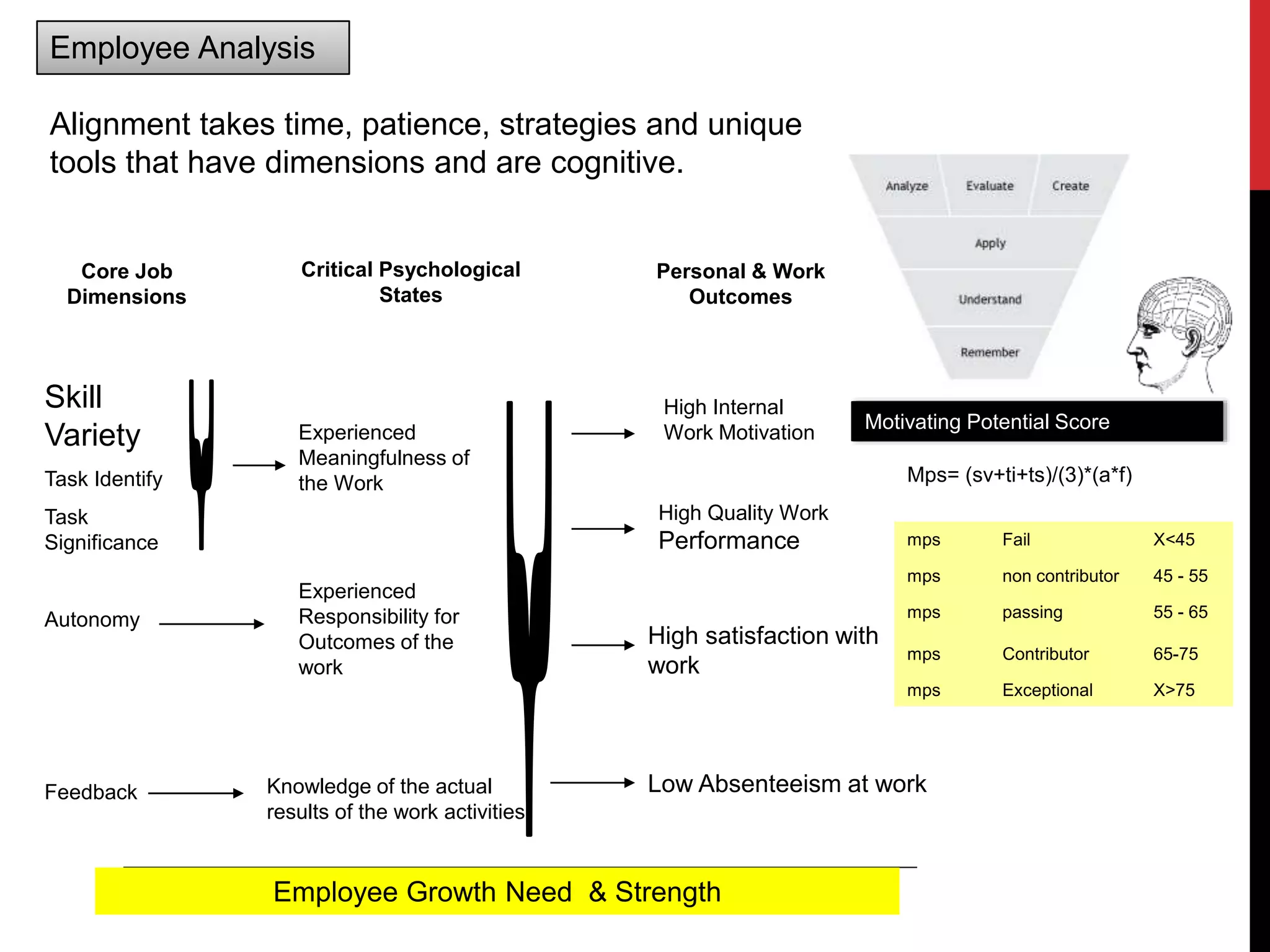 Alignment takes time, patience, strategies and unique
tools that have dimensions and are cognitive.
Core Job
Dimensions
Critical Psychological
States
Personal & Work
Outcomes
Skill
Variety
Task Identify
Task
Significance
Experienced
Meaningfulness of
the Work
Autonomy
Feedback
Experienced
Responsibility for
Outcomes of the
work
Knowledge of the actual
results of the work activities
Low Absenteeism at work
Employee Growth Need & Strength
Mps= (sv+ti+ts)/(3)*(a*f)
mps Fail X<45
mps non contributor 45 - 55
mps passing 55 - 65
mps Contributor 65-75
mps Exceptional X>75
Motivating Potential Score
High Internal
Work Motivation
High Quality Work
Performance
High satisfaction with
work
Employee Analysis
 