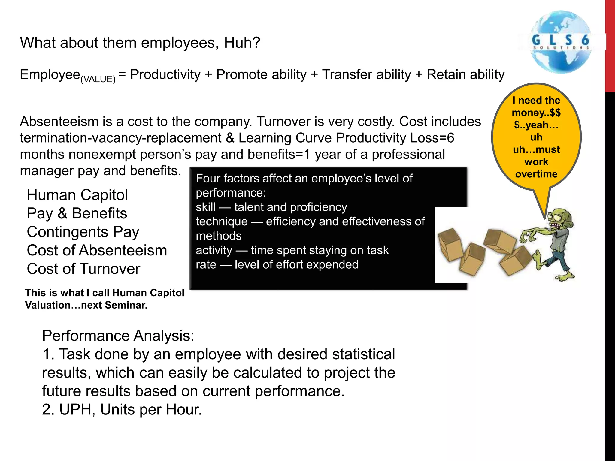 Four factors affect an employee’s level of
performance:
skill — talent and proficiency
technique — efficiency and effectiveness of
methods
activity — time spent staying on task
rate — level of effort expended
What about them employees, Huh?
Employee(VALUE) = Productivity + Promote ability + Transfer ability + Retain ability
Absenteeism is a cost to the company. Turnover is very costly. Cost includes
termination-vacancy-replacement & Learning Curve Productivity Loss=6
months nonexempt person’s pay and benefits=1 year of a professional
manager pay and benefits.
Human Capitol
Pay & Benefits
Contingents Pay
Cost of Absenteeism
Cost of Turnover
This is what I call Human Capitol
Valuation…next Seminar.
I need the
money..$$
$..yeah…
uh
uh…must
work
overtime
Performance Analysis:
1. Task done by an employee with desired statistical
results, which can easily be calculated to project the
future results based on current performance.
2. UPH, Units per Hour.
 