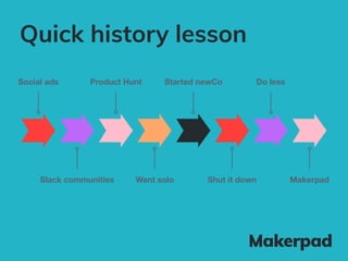 Quick history lesson
Social ads
Slack communities
Product Hunt Started newCo Do less
Went solo Shut it down Makerpad