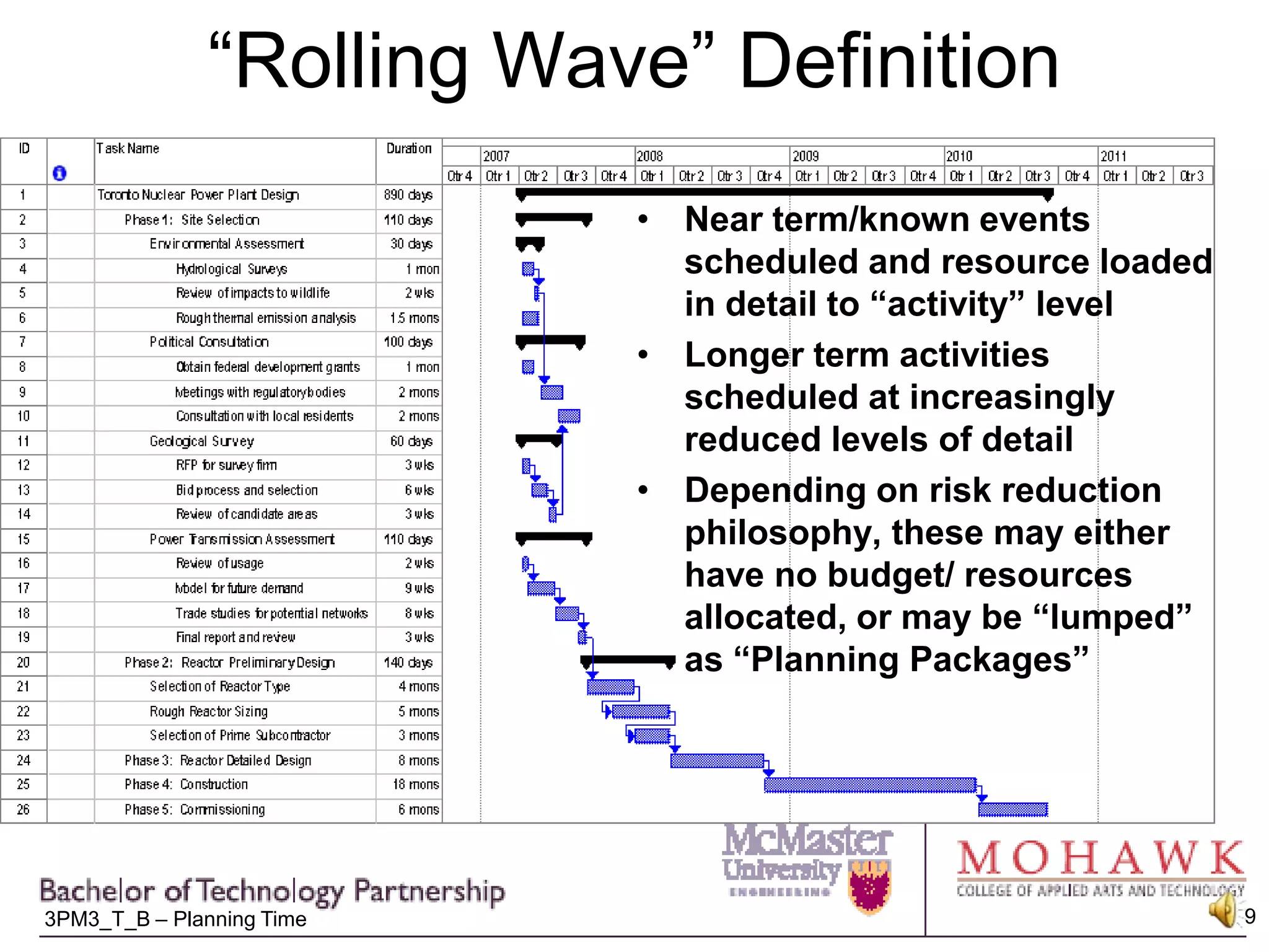 “Rolling Wave” DefinitionNear term/known events scheduled and resource loaded in detail to “activity” levelLonger term activities scheduled at increasingly reduced levels of detailDepending on risk reduction philosophy, these may either have no budget/ resources allocated, or may be “lumped” as “Planning Packages”