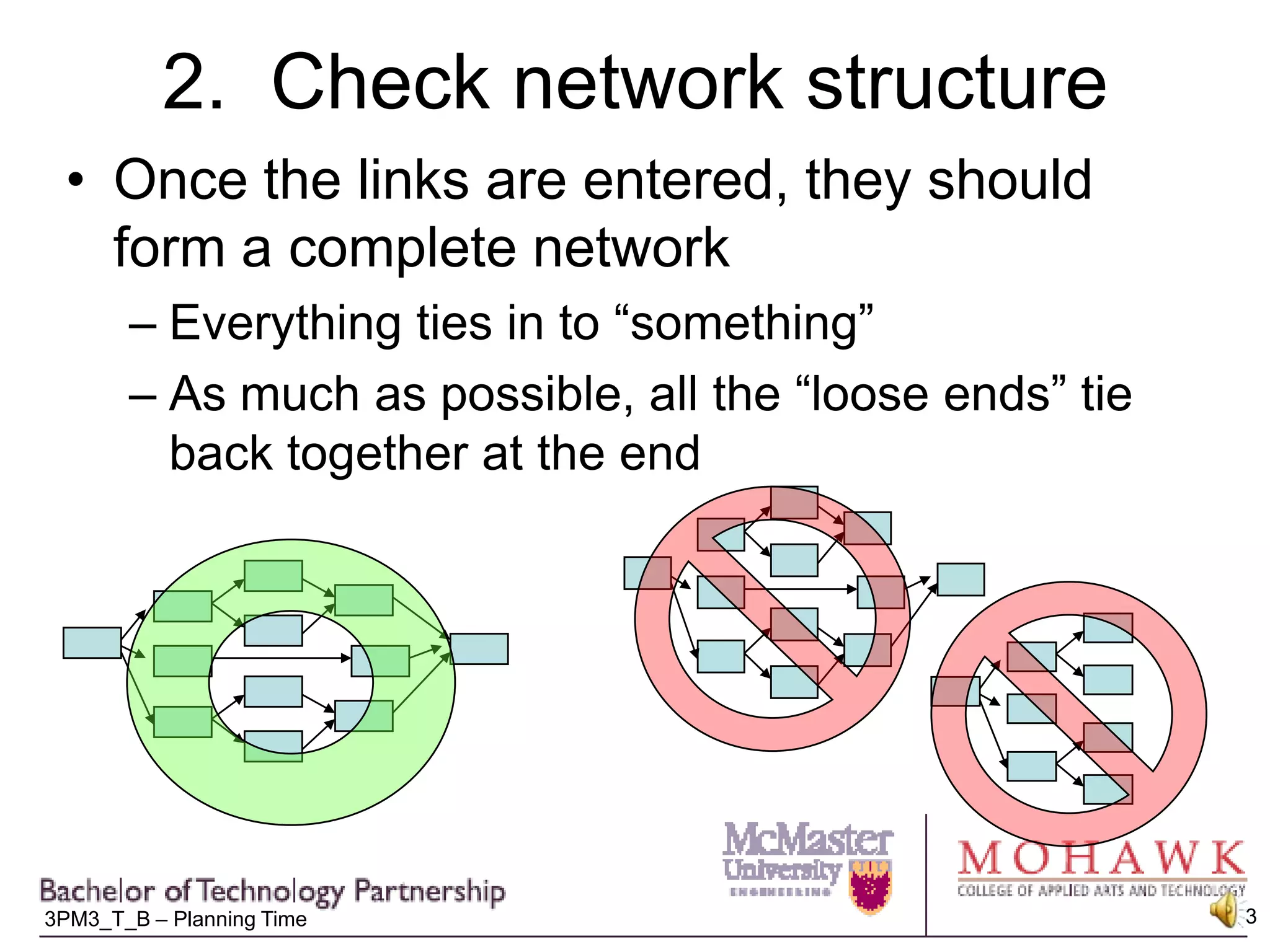 2.  Check network structureOnce the links are entered, they should form a complete networkEverything ties in to “something”As much as possible, all the “loose ends” tie back together at the end