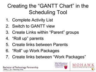 Creating the “GANTT Chart” in the Scheduling Tool Complete Activity List Switch to GANTT view Create Links within “Parent” groups “Roll up” parents Create links between Parents “Roll” up Work Packages Create links between “Work Packages” 