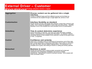 Networked Business is social
People see growing value in being socially connected and social and
interactions are increasingly embedded in all manner of digital
experiences. Networking is crucial for business success - and is easier and
more convenient online.
Control Confidence and certainty
Users are in complete control of interactions & transactions and of their data.
Each contact generates a reassuring confirmation of any action or instruction
the user has made, and any related ongoing status. The experience is so
complete and so good, that visiting an branch or calling are entirely optional.
Globally relevant brand themes
External Driver – Customer
Expectations
Global user behaviour and technology adoption trends in digital
Immediacy Time & context determine experience
Online information is real-time - the most up to date information available.
Seeing, manipulating and controlling that information - on whatever network-
connected device is most suitable to the customer’s context at any given point
in time - is expected.
Customisation Interface flexibility as standard
People decide how they will engage with whatever content they choose to get
online - how it should be displayed, in what order and what priority. Interface
flexibility is one of the simplest and most prevalent forms of customisation.
Aggregation Diverse content can be gathered into a single
interface
Content of different types and from different sources can be linked up,
combined and de-coupled through a single digital site, service or tool.
 