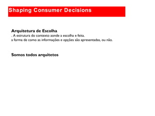 Globally relevant brand themes
Shaping Consumer Decisions
Arquitetura de Escolha
. A estrutura do contexto aonde a escolha e feita.
a forma de como as informações e opções são apresentadas, ou não.
Somos todos arquitetos
 